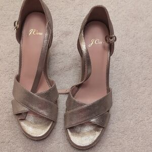 J. Crew Gold Heeled Sandals with Crisscross Straps